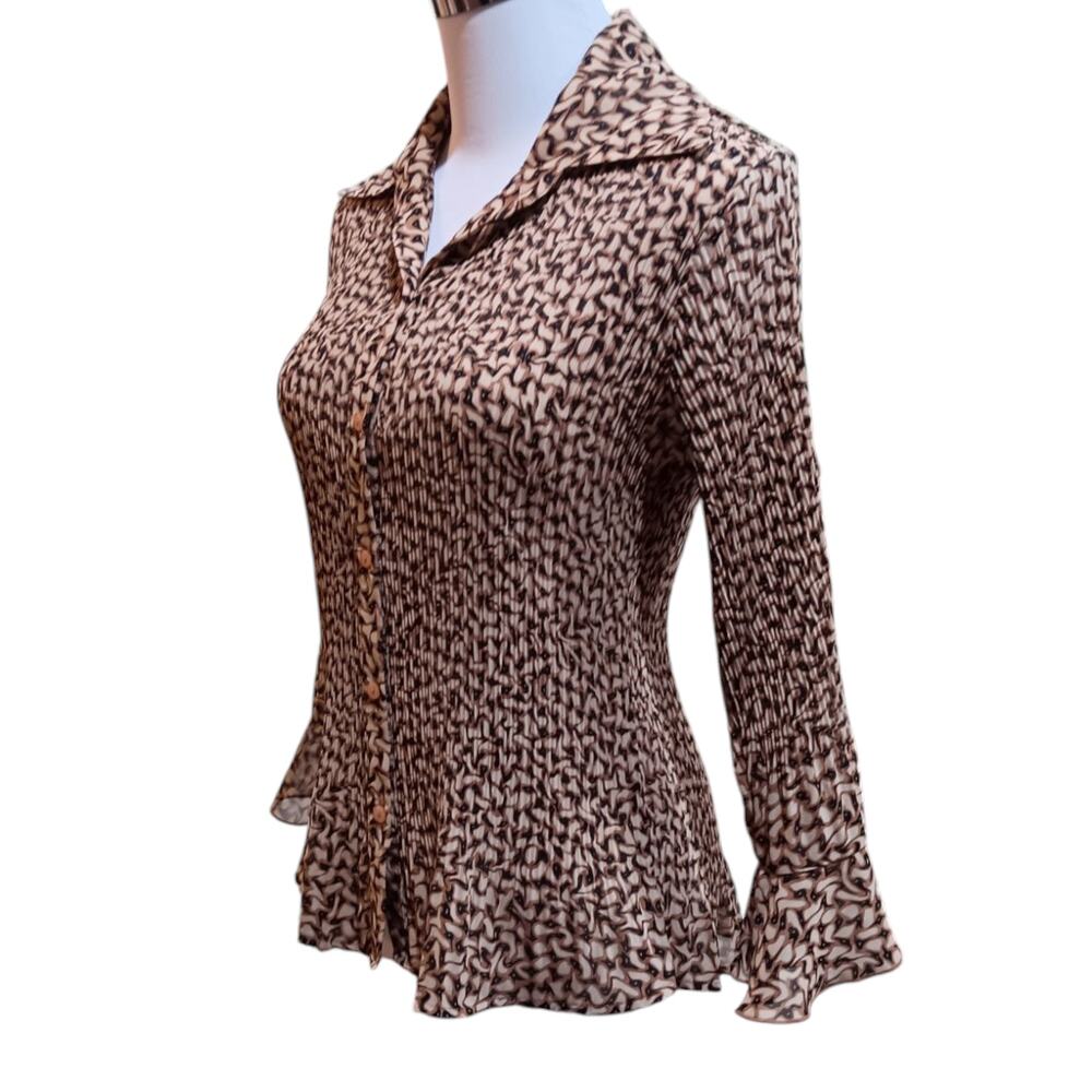 VINTAGE Blouse‎ Top M Accordion Pleated Lightweight Animal Print Cheetah Flutter